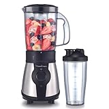 Moulinex Blend&Go LM1B1D - Batidora de vaso de 300 W, mini batidora smoothie con jarra de plástico de 750 ml, incluye botella portátil de 750 ml, 4 cuchillas extraíbles, acabado acero inoxidable