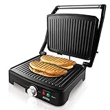 Taurus Asteria - Grill y plancha de asar, 2200W, placas de 28 x 22 cm, parrilla eléctrica con regulador de temperatura, apertura 180º, asa de toque frío, antiadherente libre de PFOA, Negro/Inox