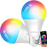 ANTELA Bombilla Inteligente LED E27 Wifi 9W Compatible Con Google Home/Alexa, Bombilla RGB(2700K-6500K) Luces Colores Regulable, Control Remoto,Control De Voz, Ahorro Energético, Paquete 2