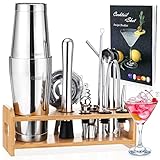 Juego de Coctelera para Cócteles Bostón, Godmorn 16 Piezas 700ml Juego de Herramientas de Barra de Acero Inoxidable,Profesional Bar Kit Barman Set con Exhibición De Madera Y Libro De Receta