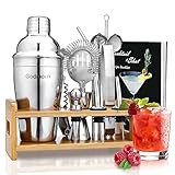 Godmorn Juego de coctelera, kit de barman de acero inoxidable de 14 + 1 piezas, juego de herramientas de barra, agitador de 550 ml con accesorios, soporte de bambú actualizado + cepillo limpio